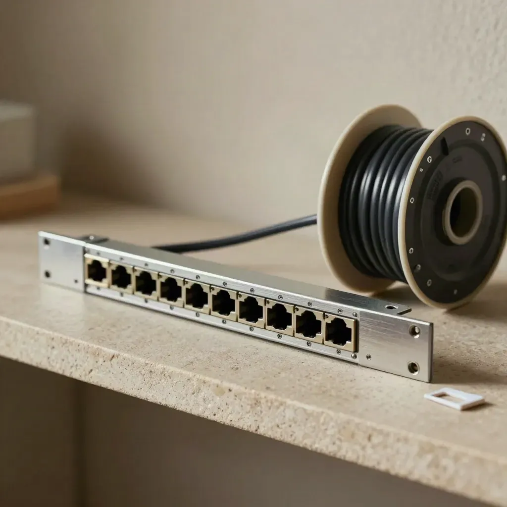 Stone shelf still life with patch panel, rack ear, cable comb and sealed black cable spool.