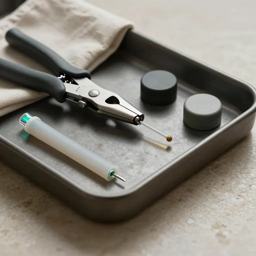 Fusion splicer, cleaved fiber, heat-shrink sleeves and dust caps on a concrete tray.
