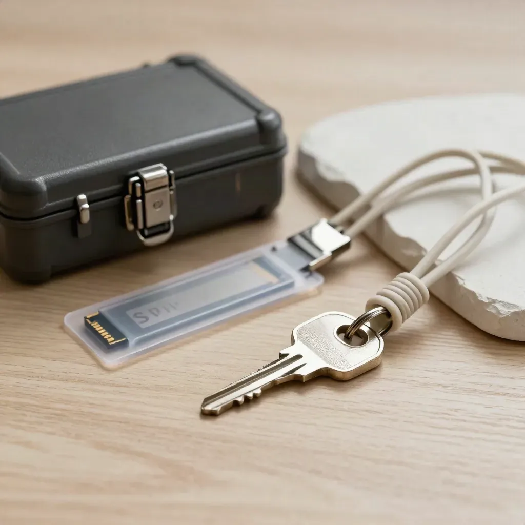 Key, SFP module, maintenance case and patch leads on pale oak in soft side light