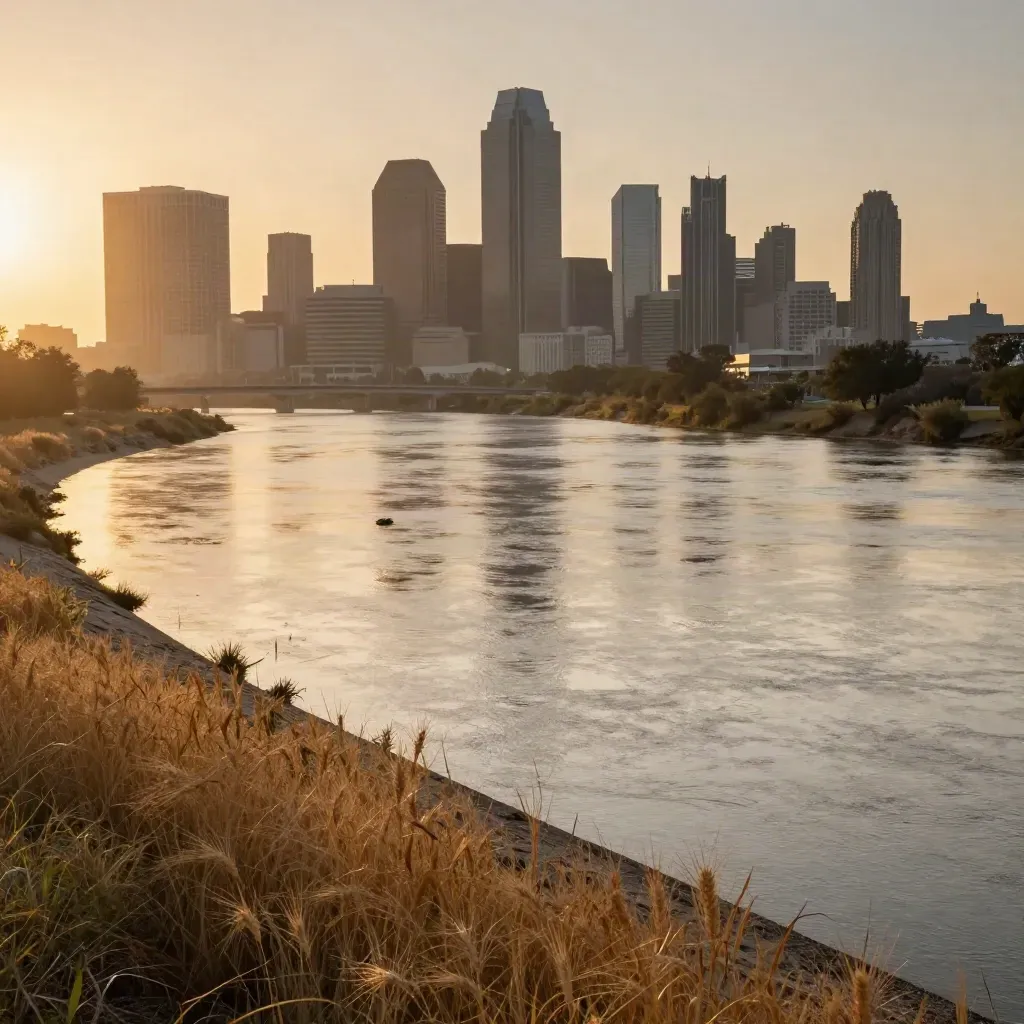 Dallas skyline over a hazy North Texas river plain at golden hour