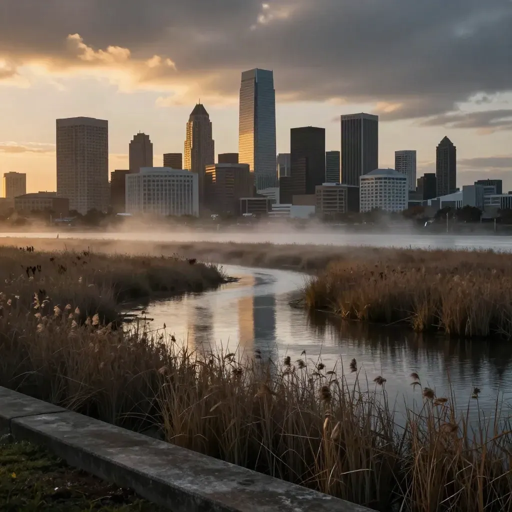Houston skyline above misty bayou wetlands at golden hour, calm open water below