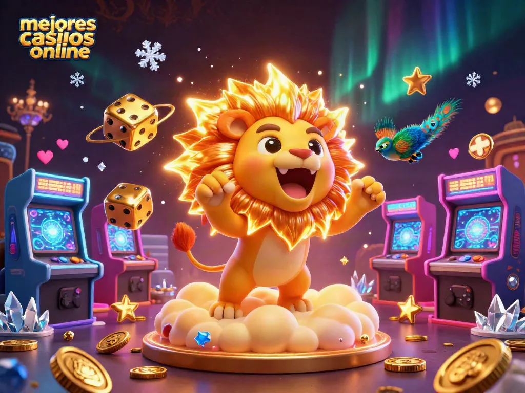 Mejores casinos online: Ilustración 3D vibrante con un león y dados dorados en un entorno de casino