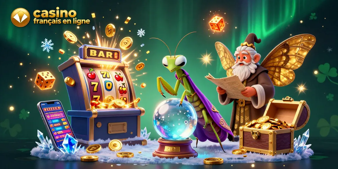 Illustration d'un casino francais en ligne avec un caméléon.fortune et un papillon sage entourés de machines à sous et de trésors brillants