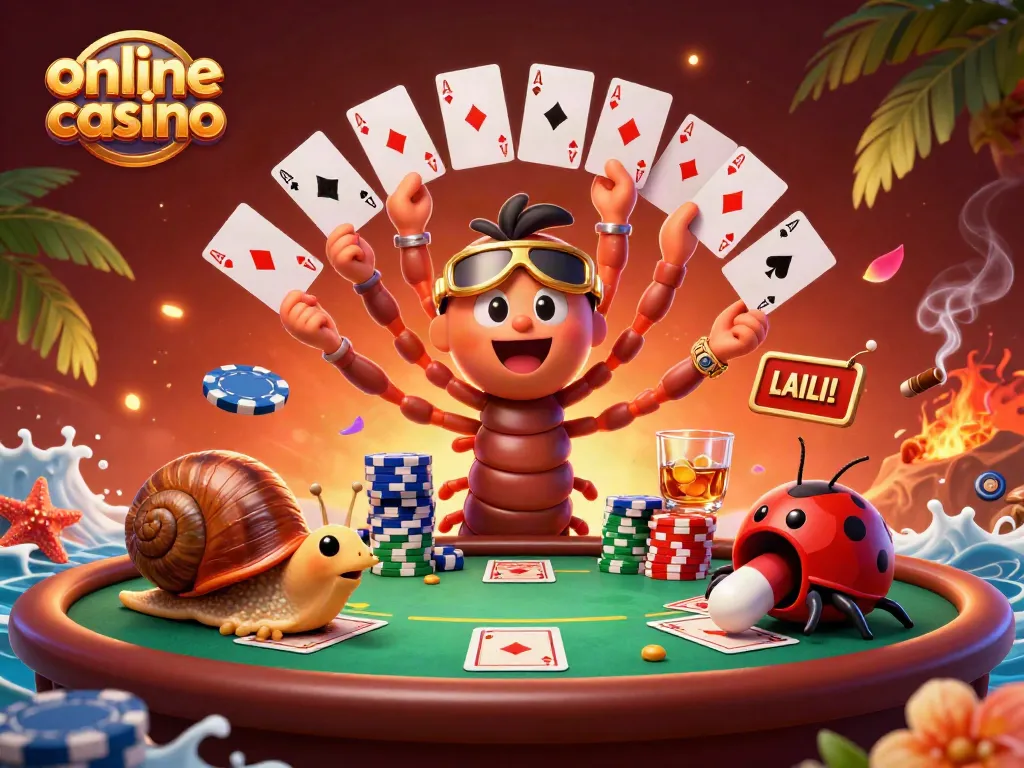 Juega en un emocionante online casino con coloridos personajes y cartas desplegadas.
