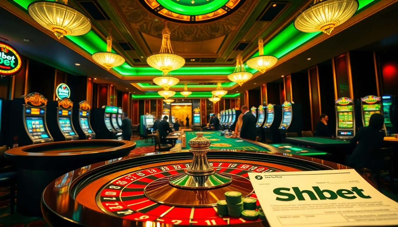 Shbet casino scene featuring gamblers excitedly placing bets at roulette and slot machines.