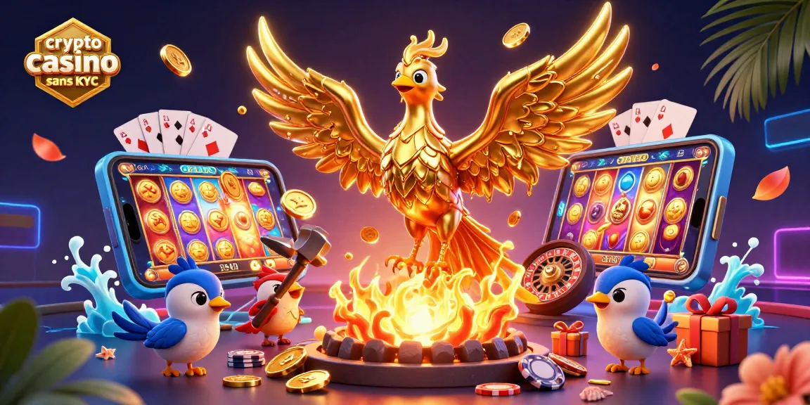 Jouez dans un crypto casino sans KYC avec un phénix de métal doré et des éléments de jeux.
