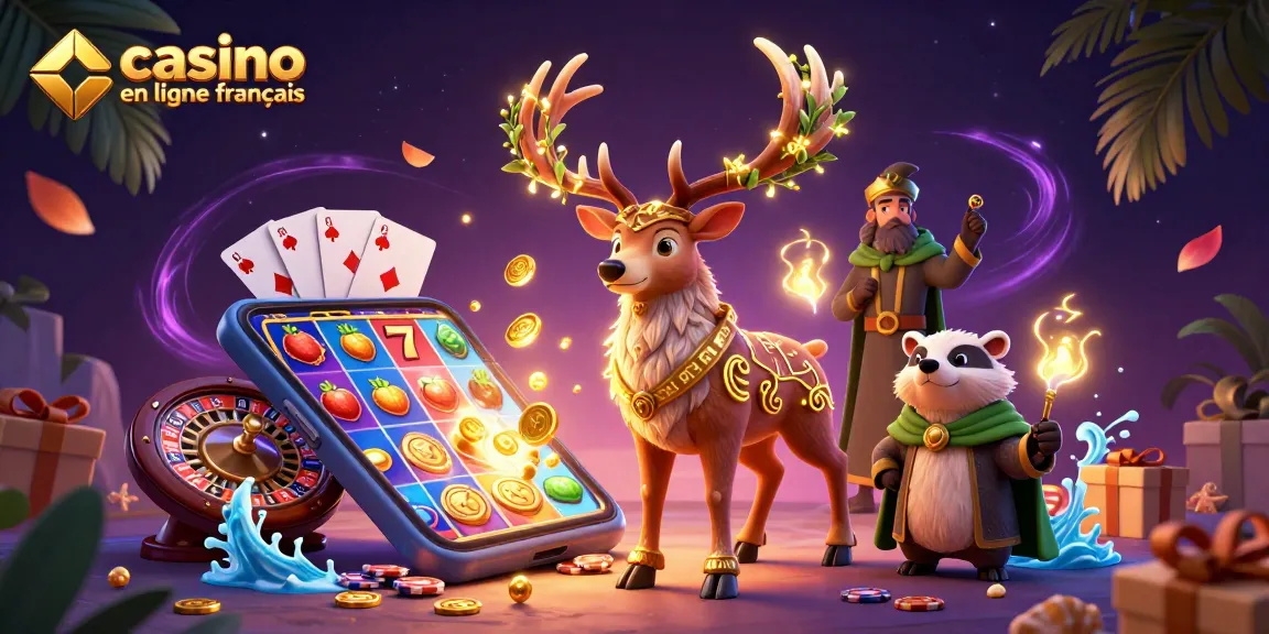 Jouez au casino en ligne français avec des symboles de jackpot, une scène vivante et colorée.