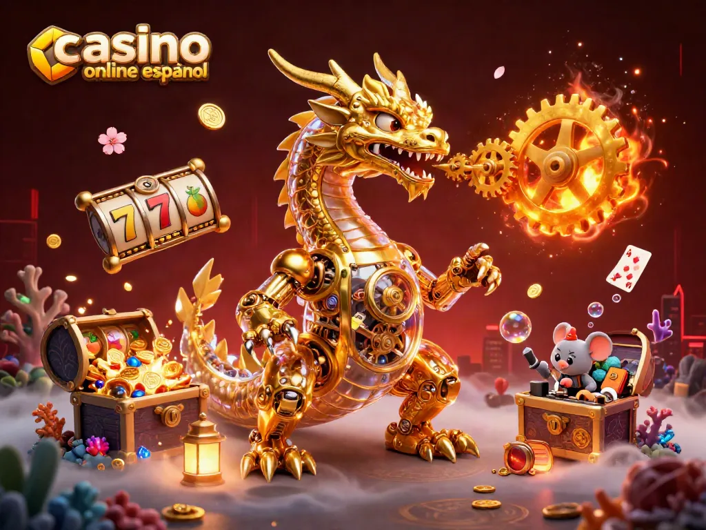 Ilumina tus jugadas en el casino online español con este dragón mecánico y símbolos vibrantes.