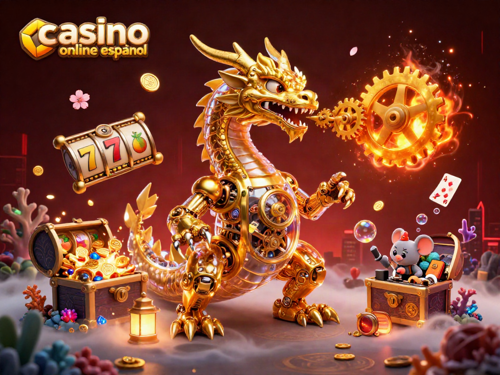 Ilumina tus jugadas en el casino online español con este dragón mecánico y símbolos vibrantes.