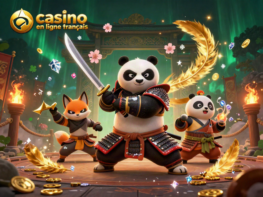 Jeu captivant de casino en ligne français avec un panda samouraï, des shurikens dorés, et une pièce pleine de magie.