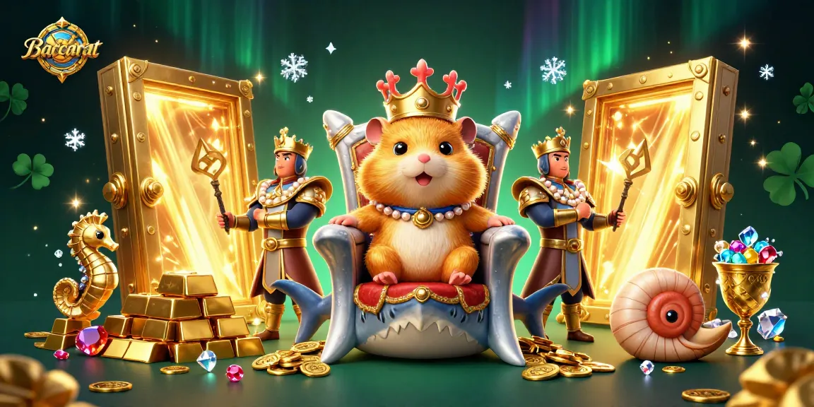 Baccarat gaming scene with a golden hamster king and royal guards amidst treasures and gems.