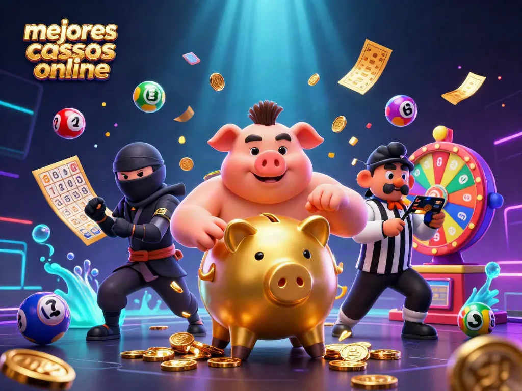Los mejores casinos online: Ilustración vibrante de un sumo dorado y un ninja de billetera en acción.