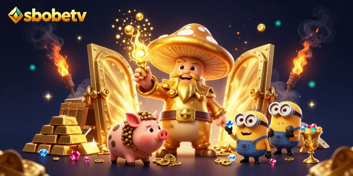 Engage with sbobetv treasure magic in a vibrant casino-themed illustration filled with gold and gems.