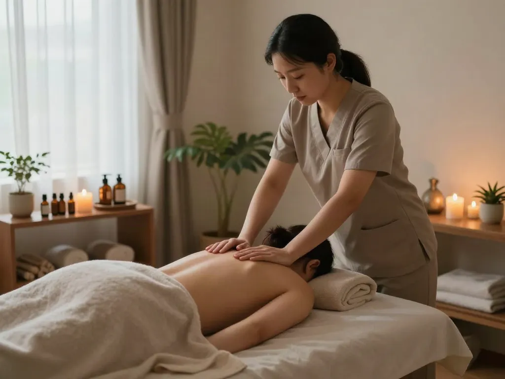 Relaxing 철산동출장마사지 in tranquil spa setting with soothing candles and natural light.