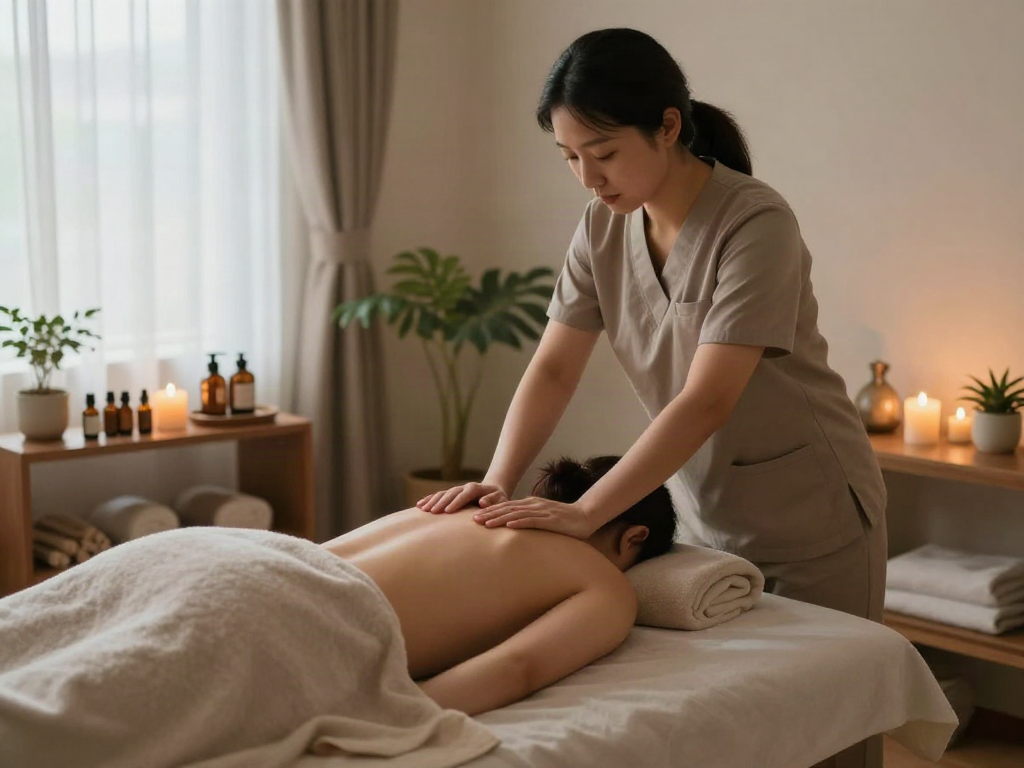 Relaxing 철산동출장마사지 in tranquil spa setting with soothing candles and natural light.