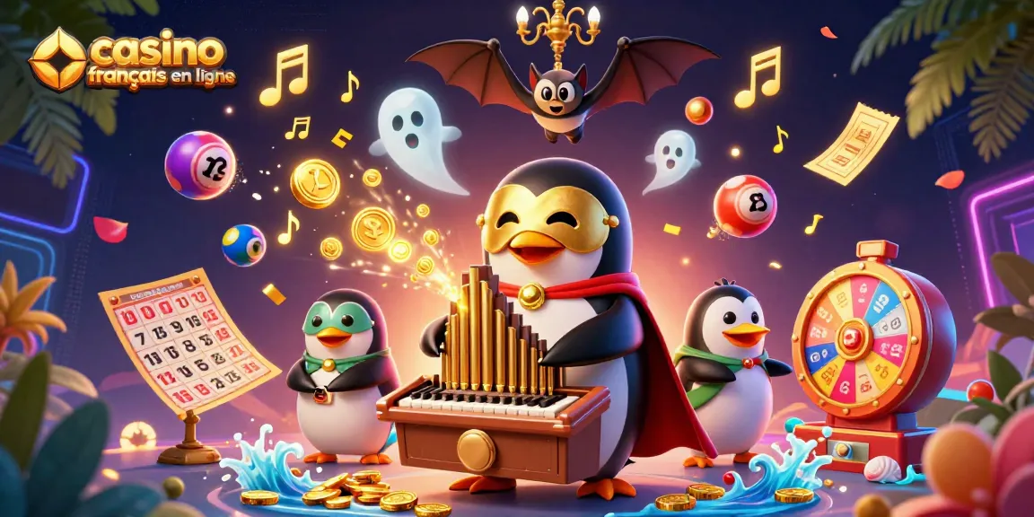 Jouez au casino français en ligne avec un pingouin organiste et des éléments festifs visibles.