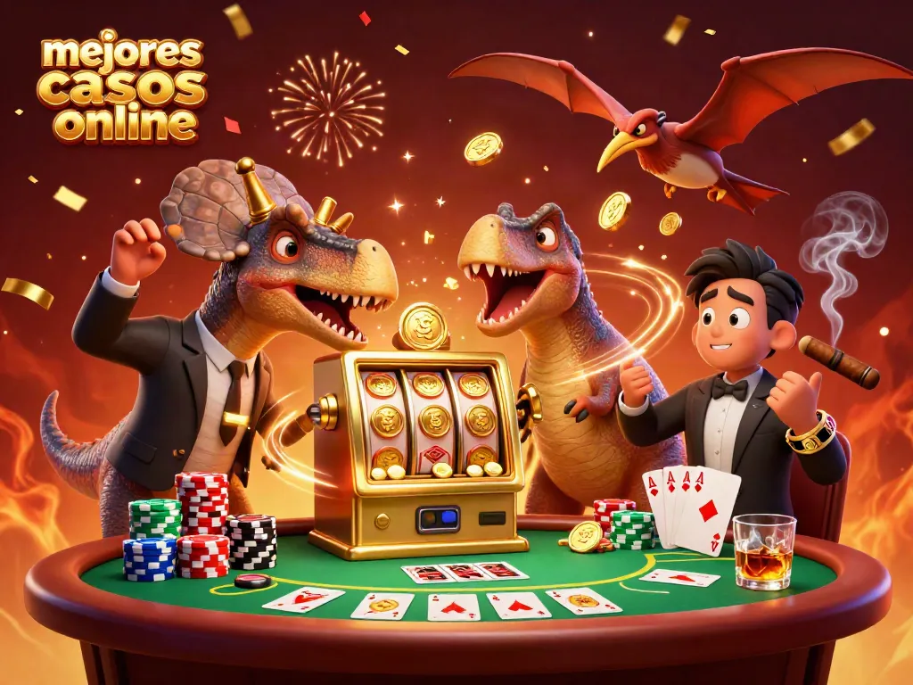 Uno de los mejores casinos online muestra un pachycephalosaurus que golpea una máquina tragamonedas dorada mientras el gerente se preocupa por los premios que caen.