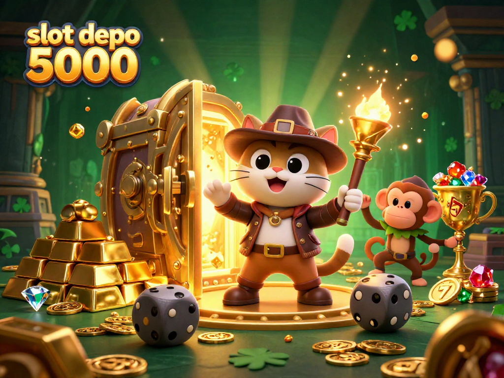 Uncover exciting opportunities at slot depo 5000 with a cat explorer in a vibrant 3D casino scene.