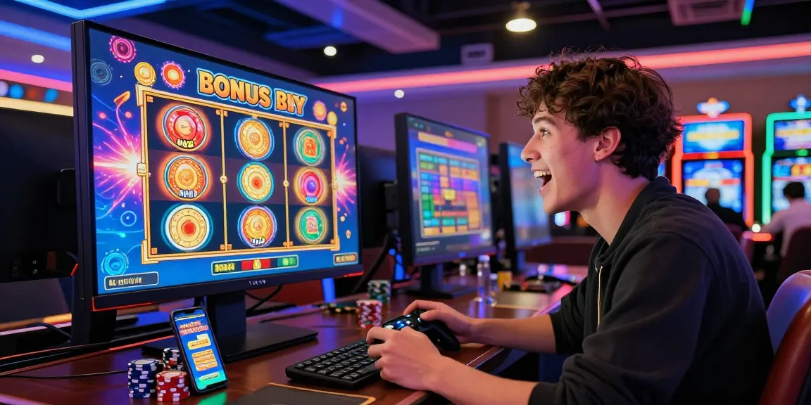 Engaged player at https://thekingarthur.co.uk/ enjoying a Bonus Buy Slot in a vibrant casino setting.
