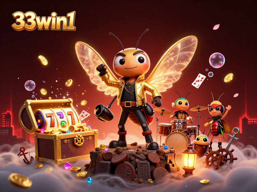 Experience thrilling slots action with 33win1 featuring a rock star cicada and vibrant game elements.