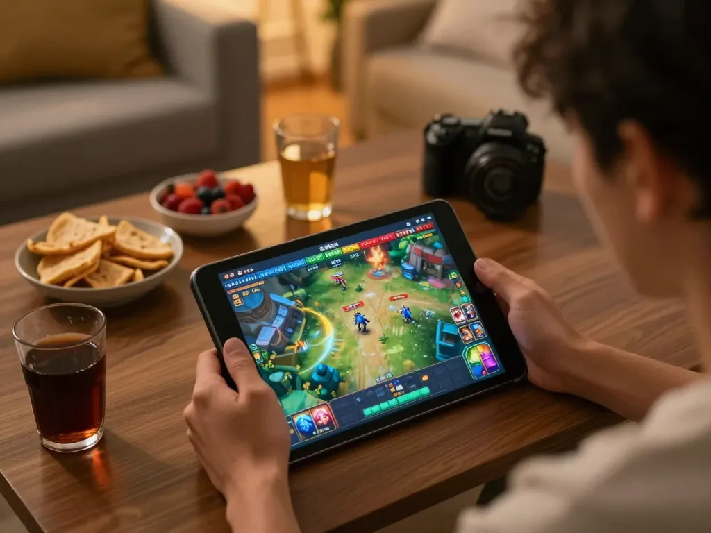 Engaging online สล็อตเว็บตรง gameplay on tablet, relaxed home atmosphere with snacks.