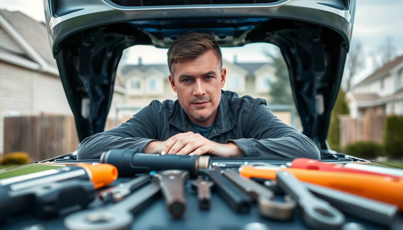 Mobile car repair technician fixing a vehicle in a driveway, showcasing professionalism and expertise.