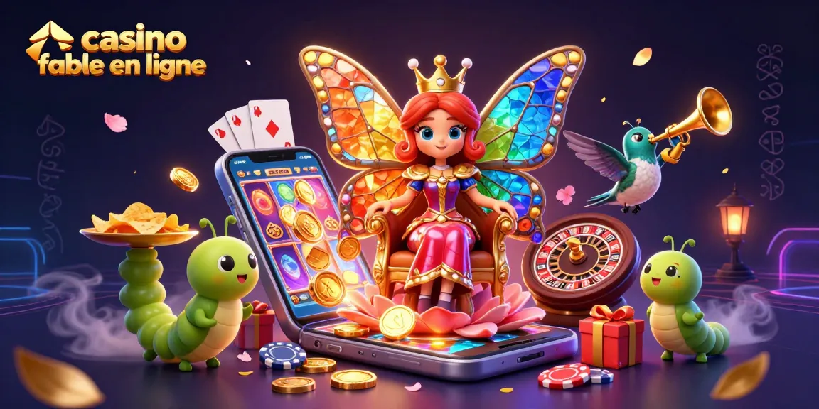 Jouez à casino fiable en ligne avec une illustration captivante d'une reine papillon entourée de jeux et de jetons.