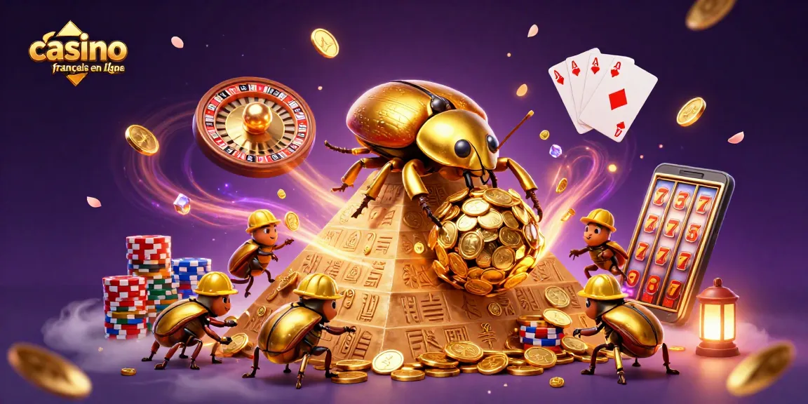 Découvrez une scène dynamique de casino français en ligne avec des coccinelles dorées entourées de pièces et de symboles de jeu.