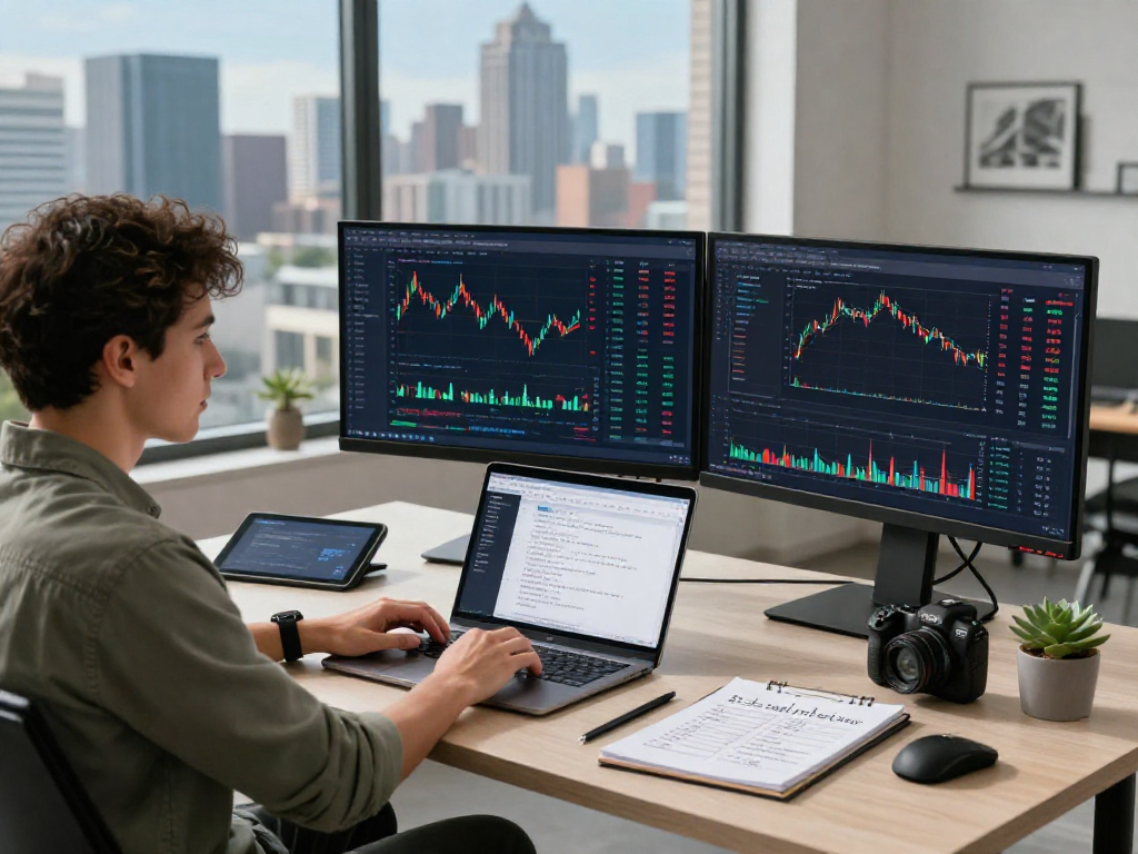 Developer utilizing US stock WebSocket API in a dynamic fintech workspace, showcasing market data.