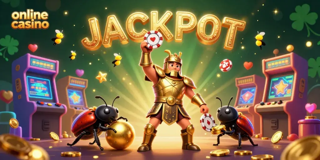 Disfruta de juegos en un casino en línea mientras una luciérnaga escribe JACKPOT en el cielo.