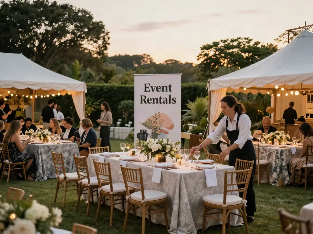 Event rentals setup featuring elegant tables and décor for a memorable outdoor gathering.