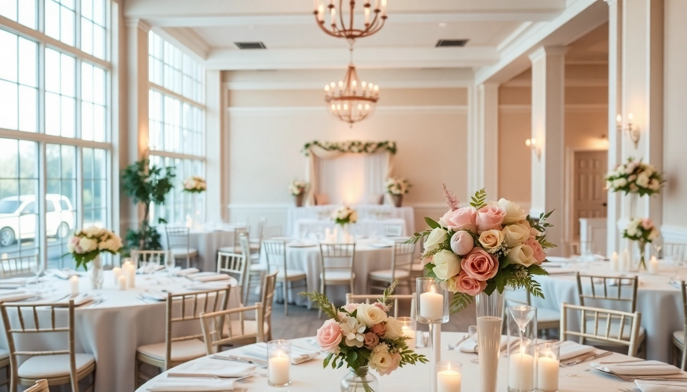 A beautifully decorated Wedding Event Space Jacksonville with elegant floral centerpieces and warm lighting.
