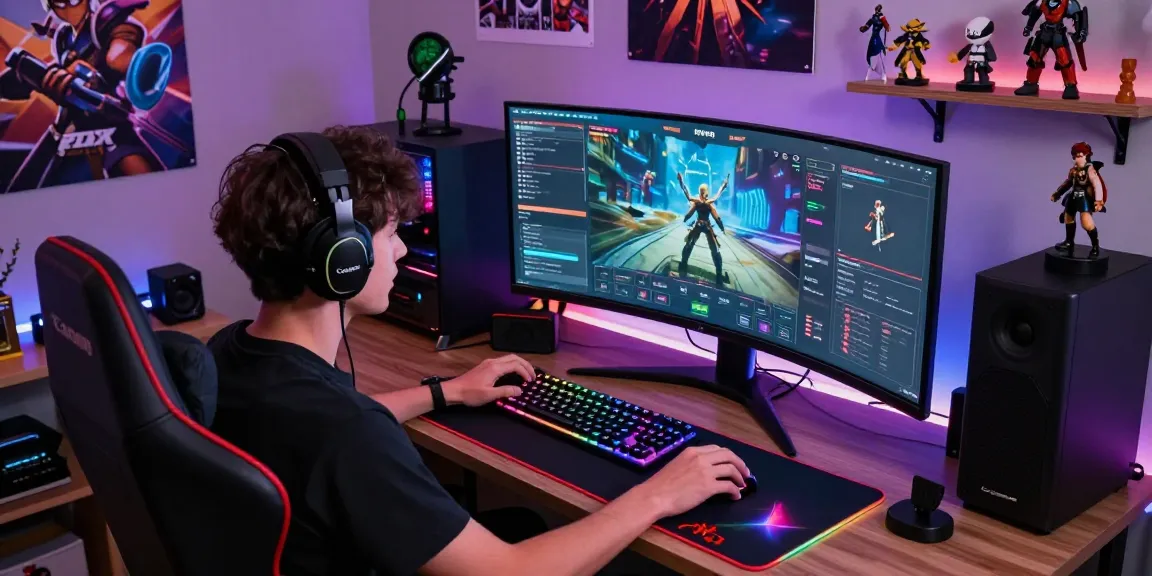 Gamer muda fokus pada layar permainan dengan coloksgp daftar dan aksesori gaming modern di sekitarnya.