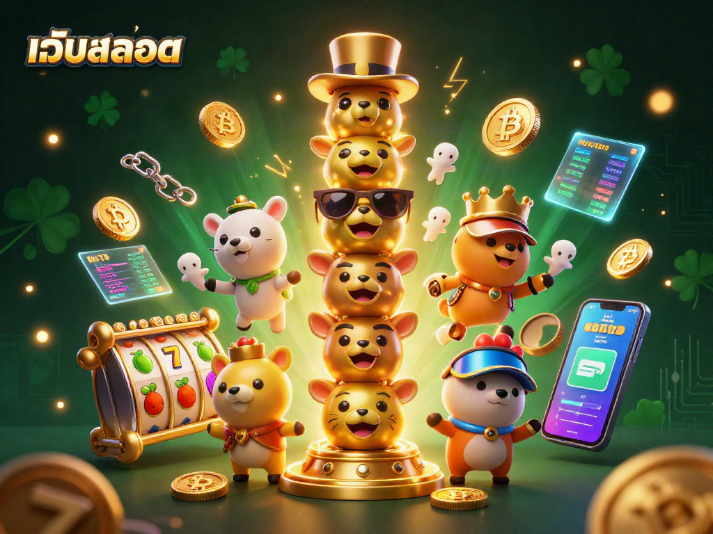 Play เว็บสล็อต with vibrant slot reels and cryptocurrency elements in a dazzling 3D scene.