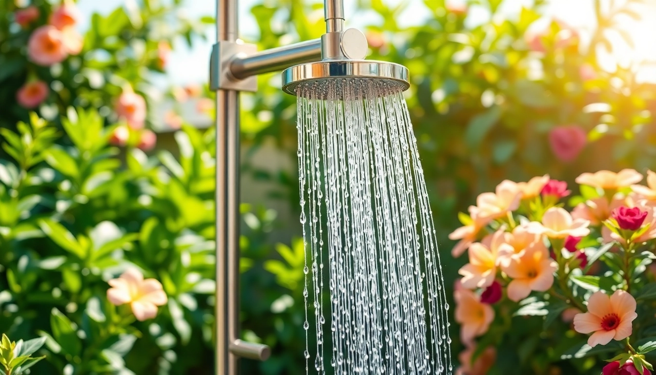 Enhance your outdoor space with a sleek sunny shower usa inc installation in a vibrant garden.