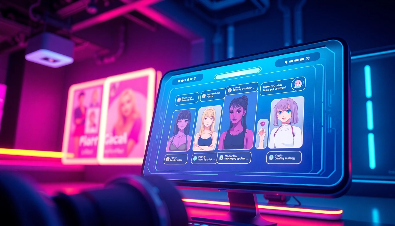 Interactive NSFW character AI chat interface with customizable avatars in a vibrant digital setting.
