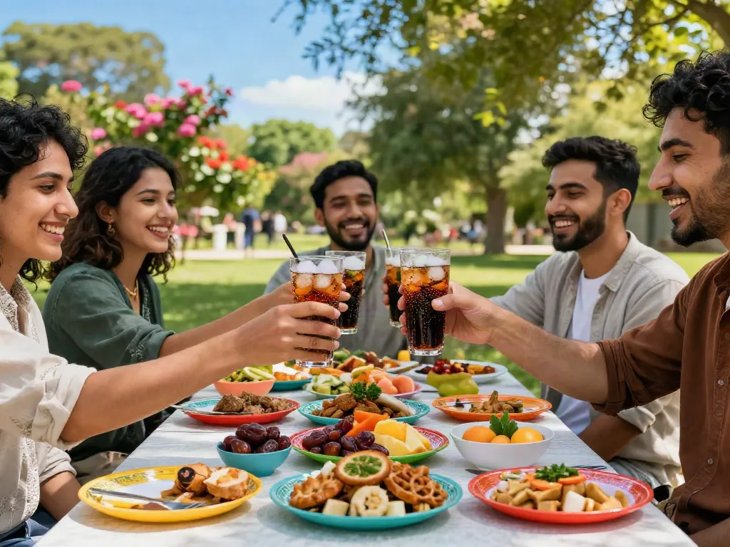 Friends enjoying ROKOK88 soda drinks at outdoor iftar picnic, capturing refreshing moments with rich colors and cheerful atmosphere.