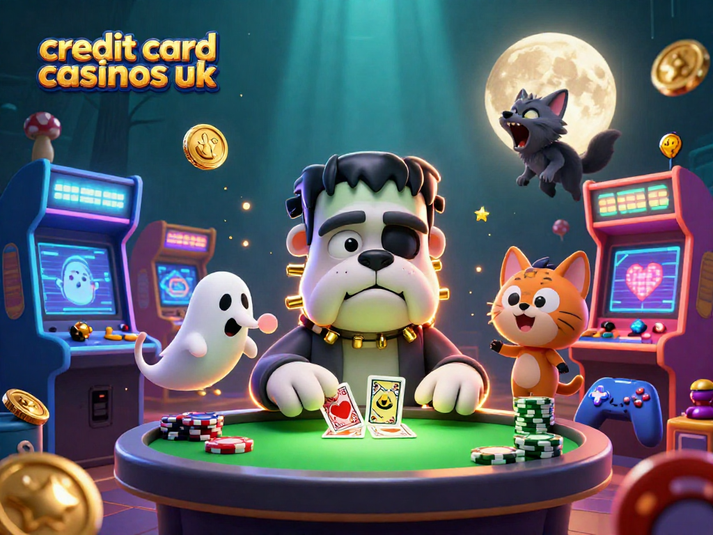 Experience the thrill of credit card casinos UK with a spooky casino scene featuring vibrant characters and gaming elements.