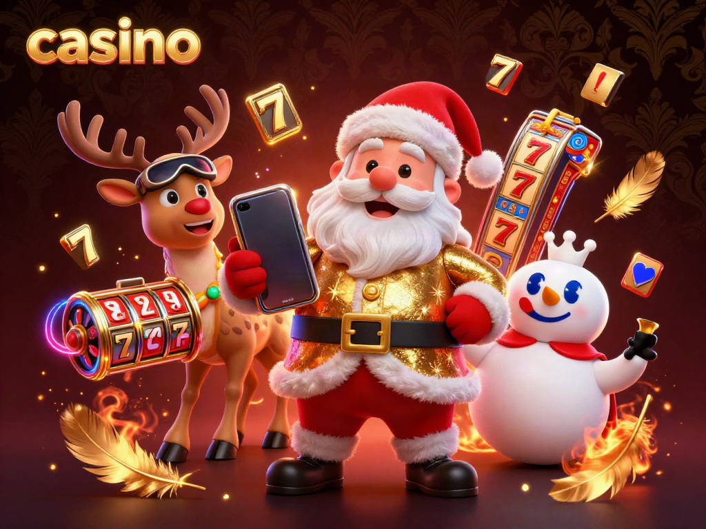 Engaging casino scene with Santa, reindeer, and snowman celebrating jackpot slots action.