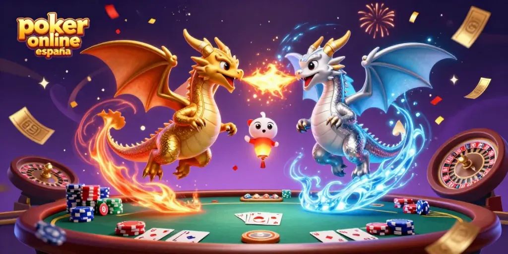 Juega al póker online España con una escena vibrante de dragones y mesas de póker.