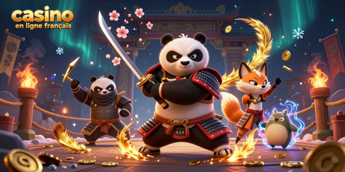 Illustration 3D d'un samouraï panda et d'un renard ninja jouant aux jeux de "casino en ligne français".