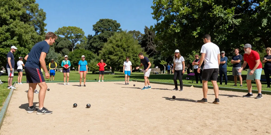 Permainan petanque di fopikotabanjarba.org dengan pemain beragam di taman yang cerah.