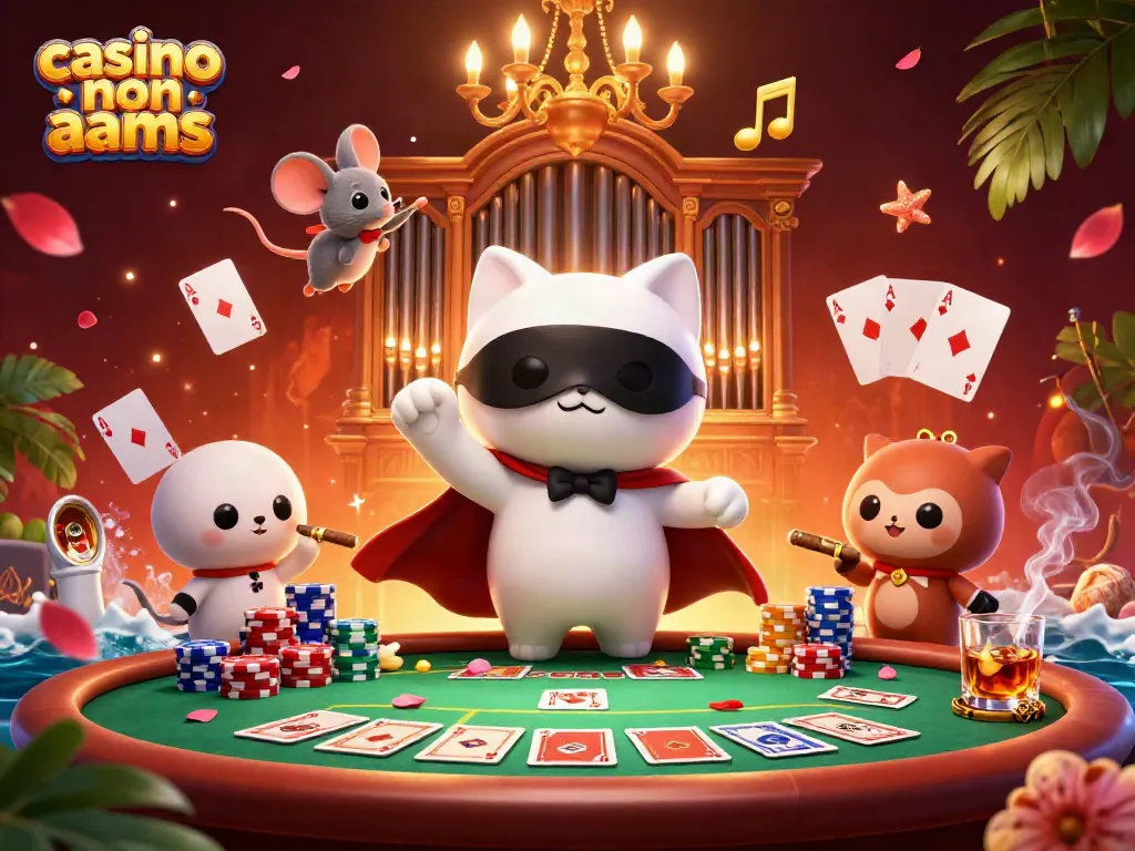 Giocando al casinò non AAMS con gatti e topi in un'illustrazione di casinò vivace e fantastica.