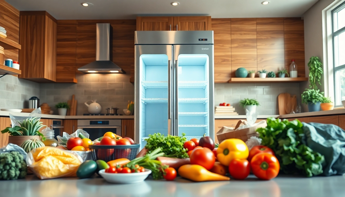 Freezer featuring fresh groceries, set in a bright, modern kitchen, emphasizing freshness and organization.