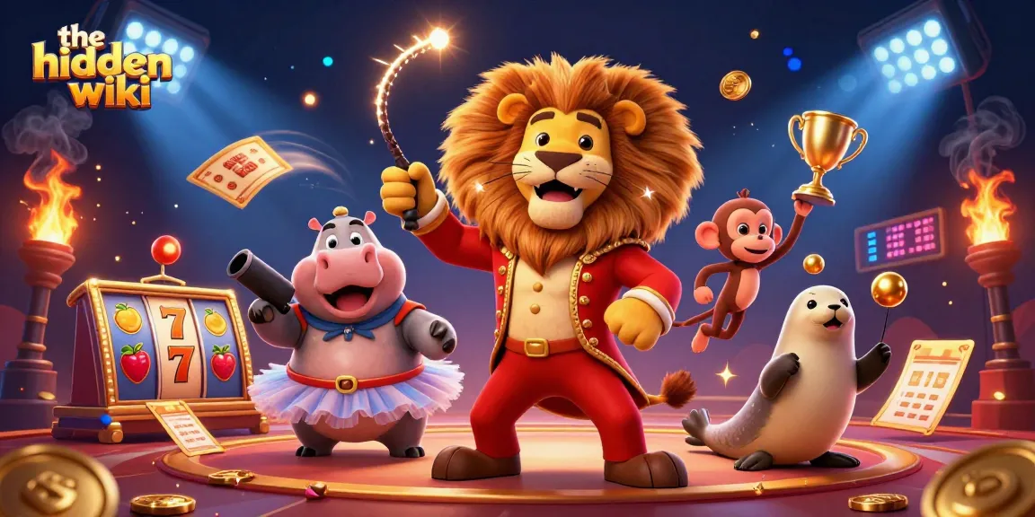 The hidden wiki showcases a vibrant casino scene featuring animated characters and slot reels, creating thrilling gaming excitement.
