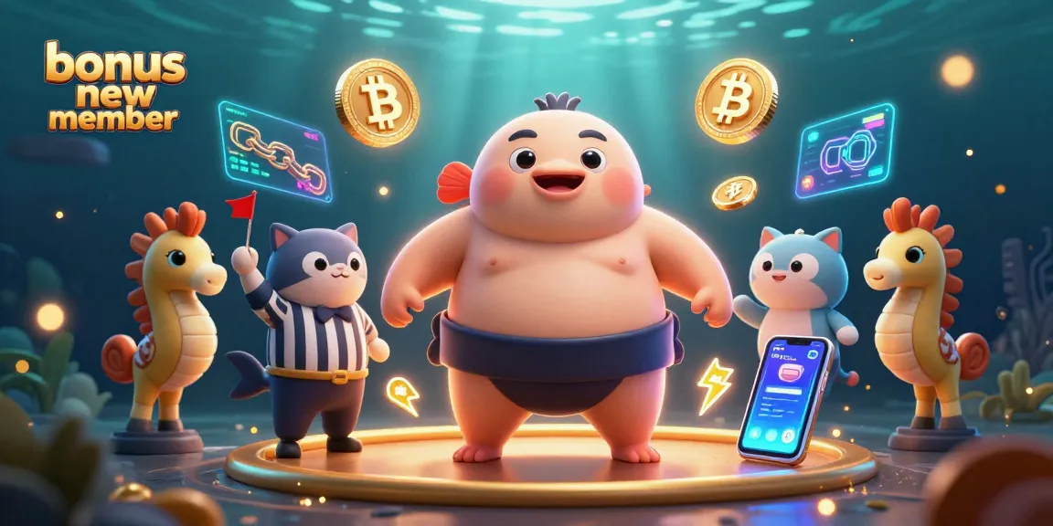 Engage with the bonus new member offers while enjoying a vibrant underwater casino scene with colorful characters.