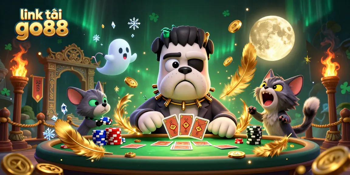 Engage with an ultra-detailed scene of the 3D cartoon Frankenstein bulldog dealing cards at a spooky casino for link tải go88.