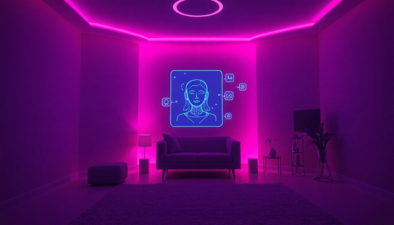 Engaging AI sex chatbot interaction in a futuristic digital setting