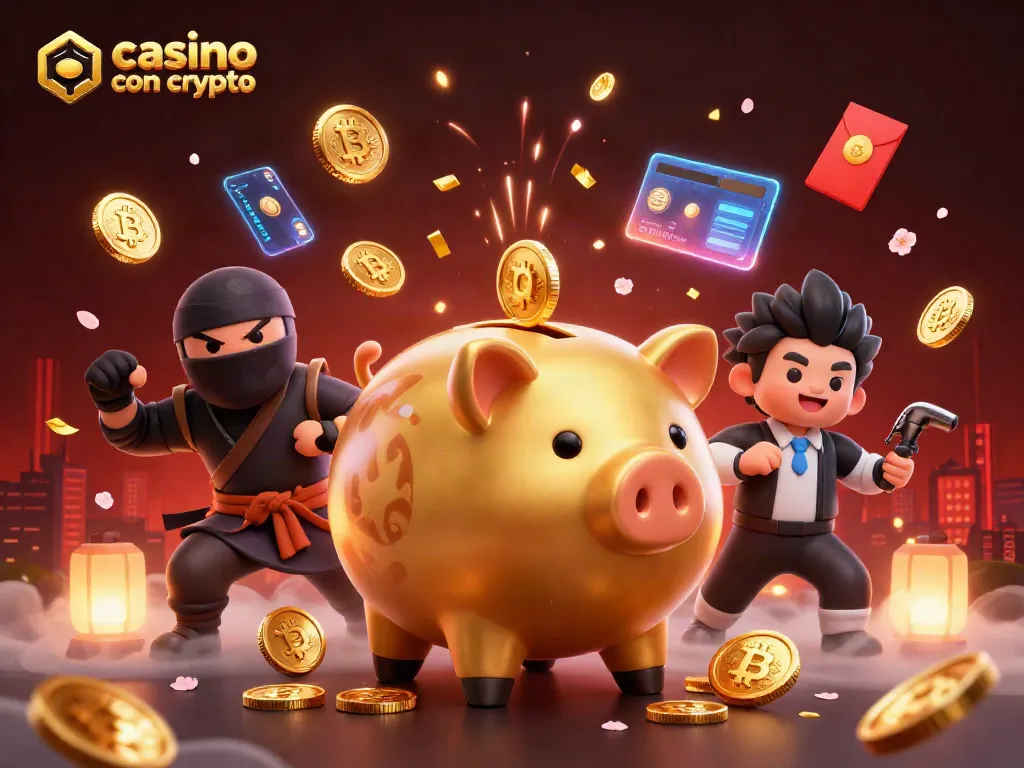 Gioca nei casino con crypto, una scena ricca di personaggi e simboli di vincita, giochi e premi.