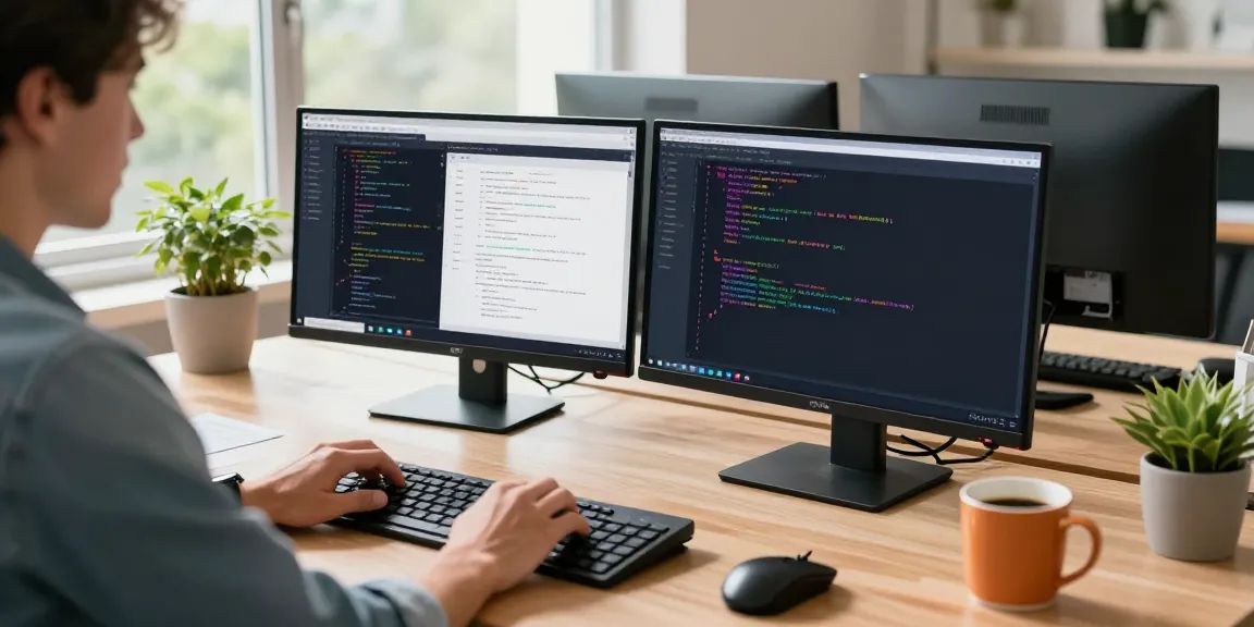 Developer coding in Notepad++ at a modern workspace with dual monitors